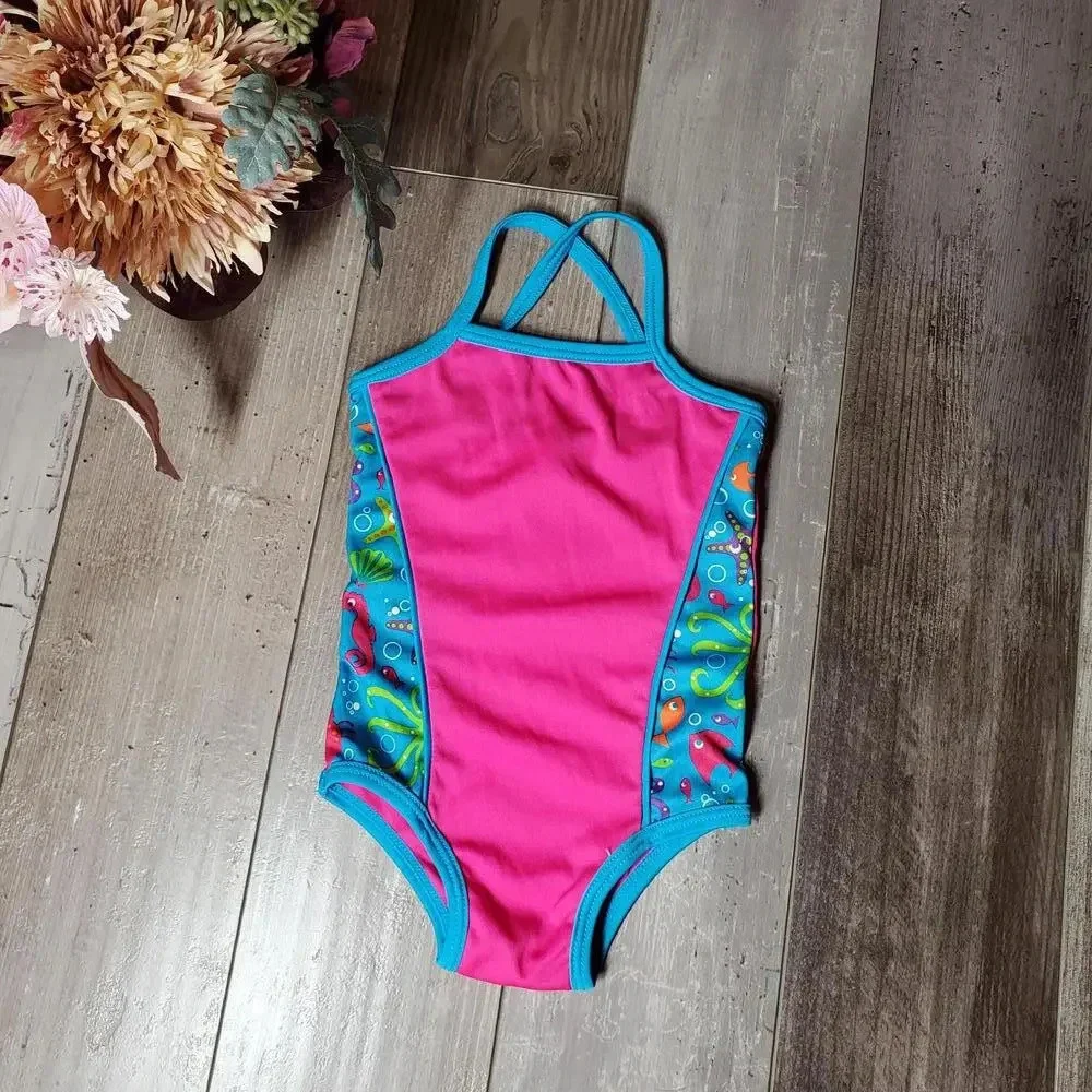 9-12M Baby Girl One Piece Swimming Suit Swim Suit Bathing Suit Pink Turquoise
